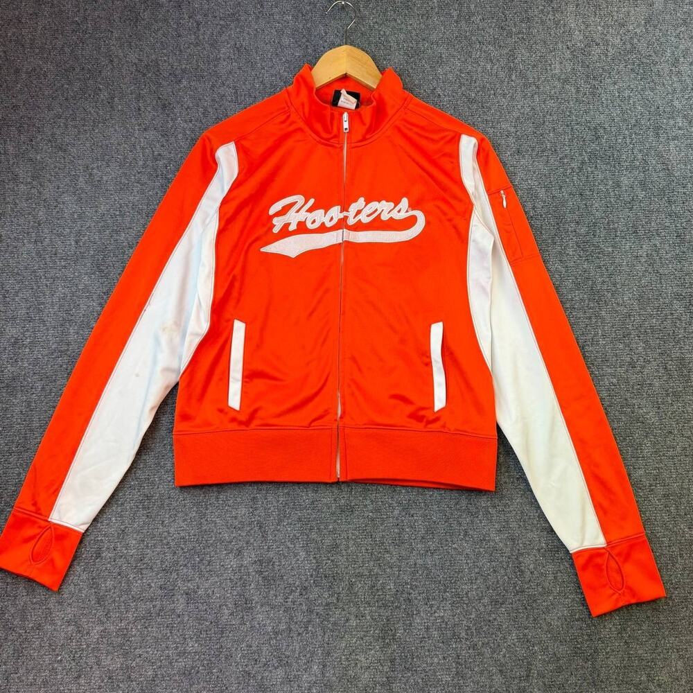 Hooters Orange Track Jacket Zip Up Logo White Panels Women Size S